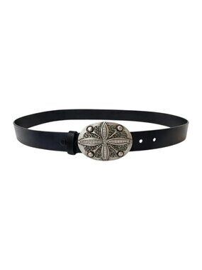 Black Genuine Leather Belt Silver Ornate Rhinestone Buckle Size 1X